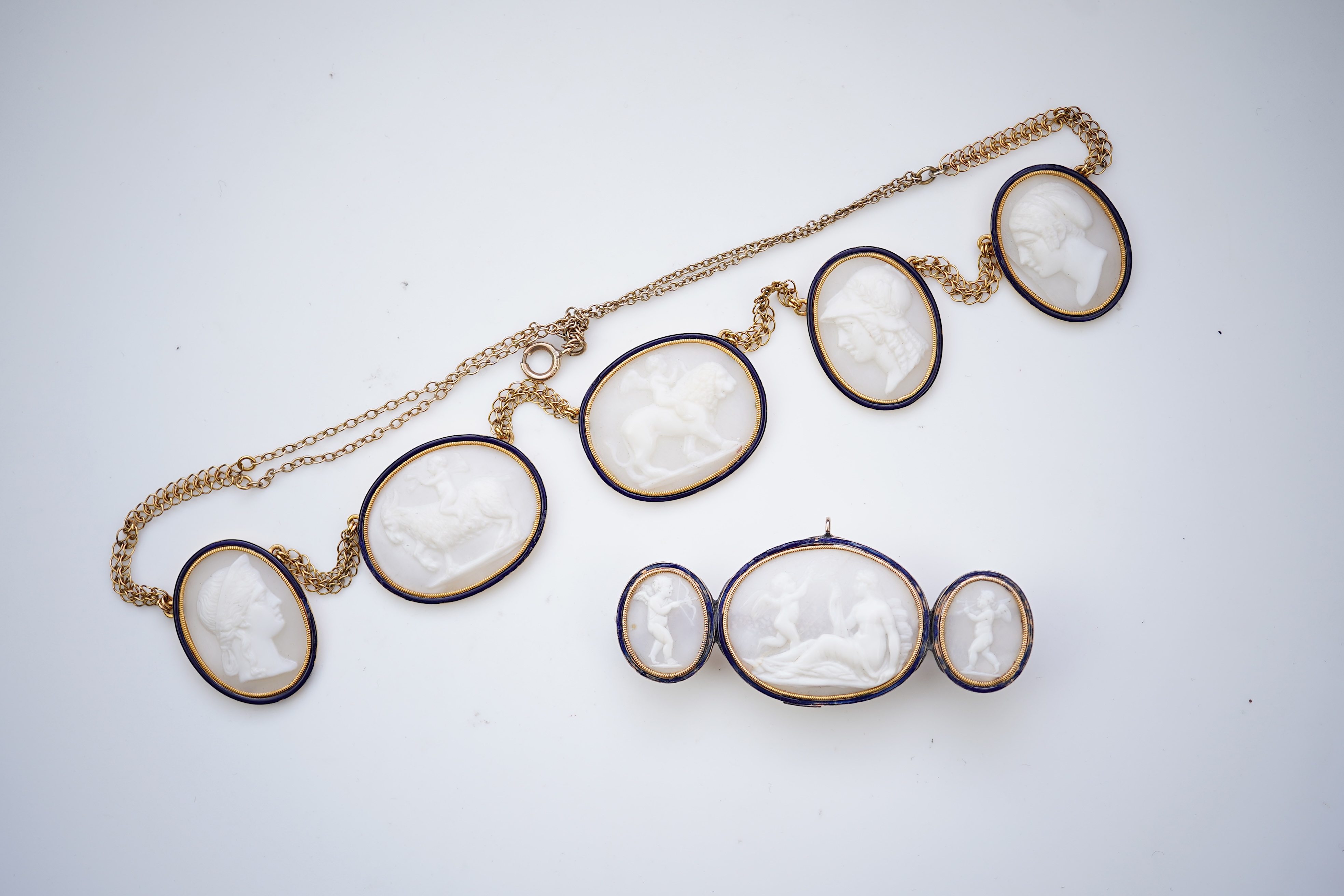 A rare early George III shell cameo and enamel brooch and necklace, early 19th century and later